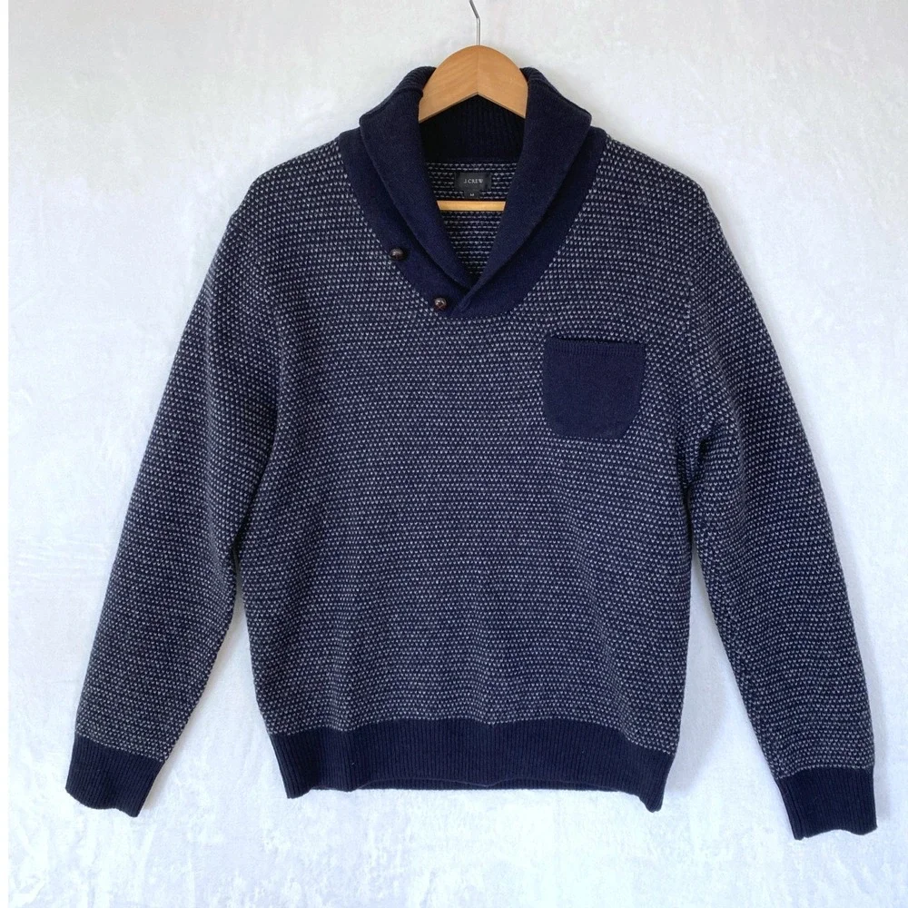 J. Crew Men's Shawl Collar Sweater Size M Navy 100% Lambs Wool‎